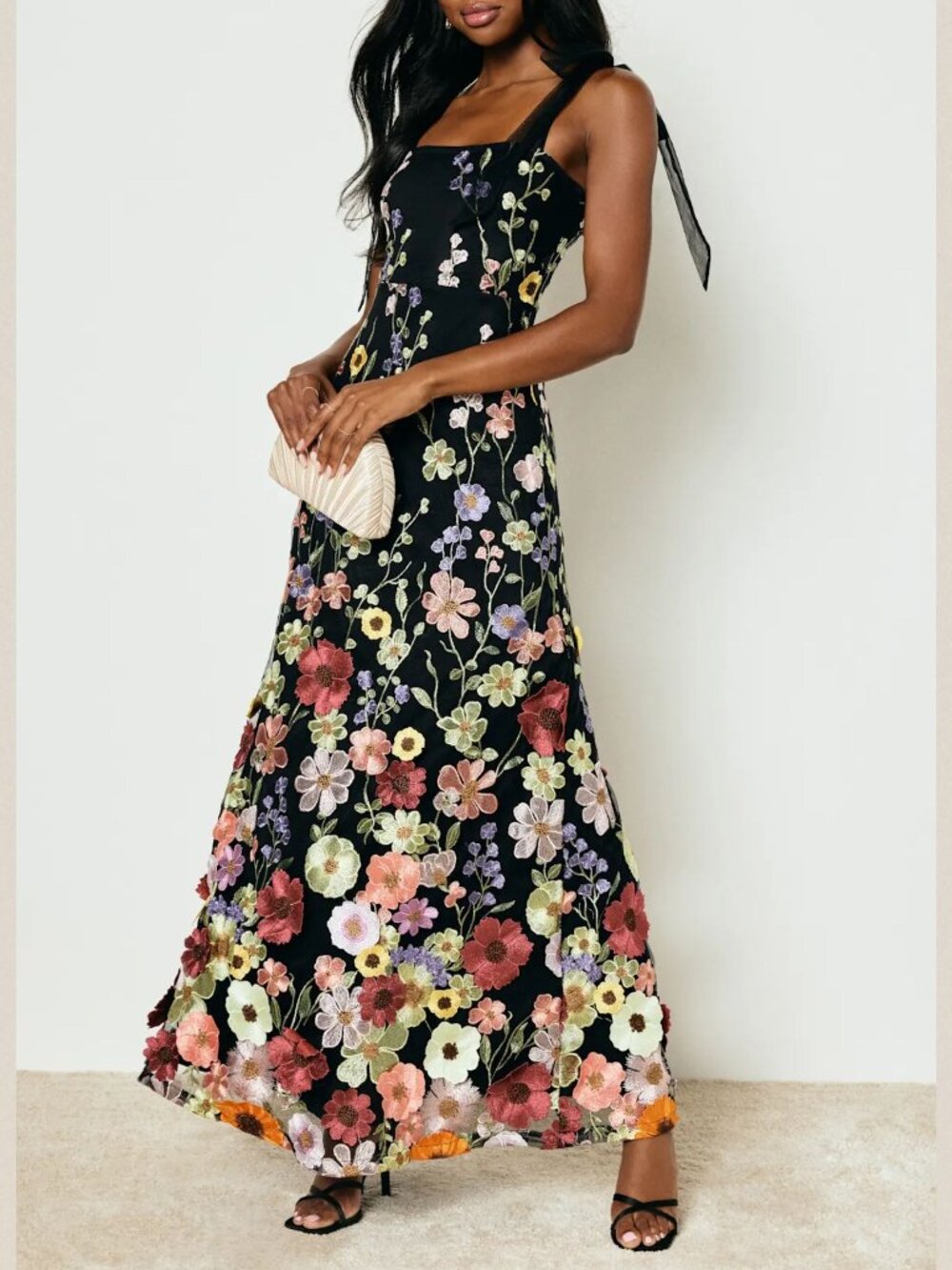 Lulu's Thriving Poise 3D Floral Embroidered Tie-Strap Maxi Dress Gown Black Med
